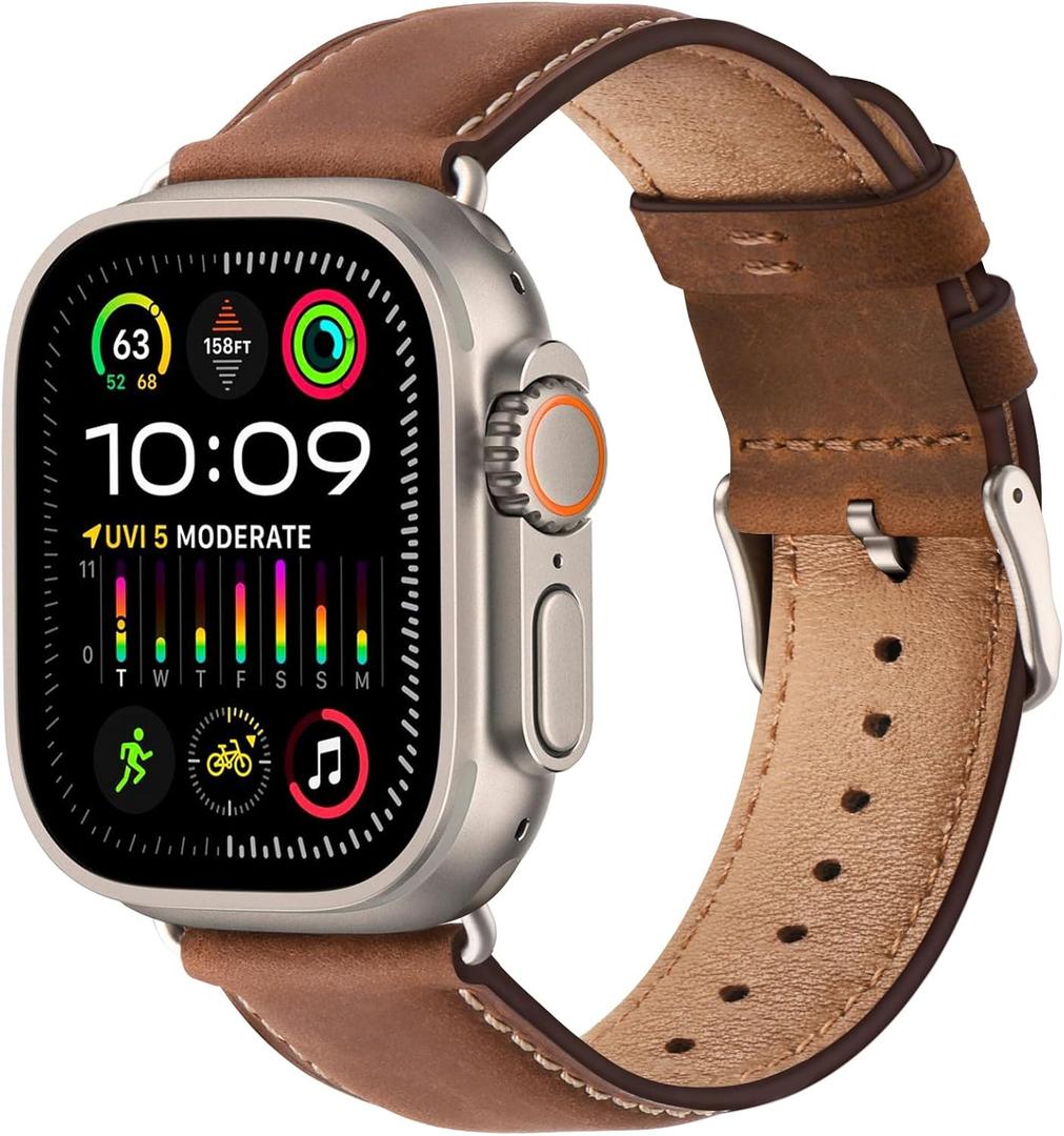 SUNFWR Leather Bands Compatible with Apple Watch Band 49mm 45mm 44mm 42mm for Men Women, Genuine Leather Replacement Strap for iWatch Ultra 2, Ultra, SE2, SE, Series 9 8 7 6 5 4 3 2 1 (Red (Red Brown/Starlight)