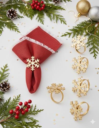 Folkulture Christmas Napkin Rings | Set of 5 Golden Colour Napkin Rings for Christmas Table Decorations | Napkin Holder for Xmas Decorations | Holiday and Festive Gifts Set | Snowflake