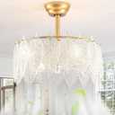 Gold Leaf Crystal Ceiling Fan with Lights,20" Caged Fandelier with Remote Control,Glass Chandelier Fan with 6 Speeds Quiet Reversible Motor for Bedroom,Nursery,Dining Room