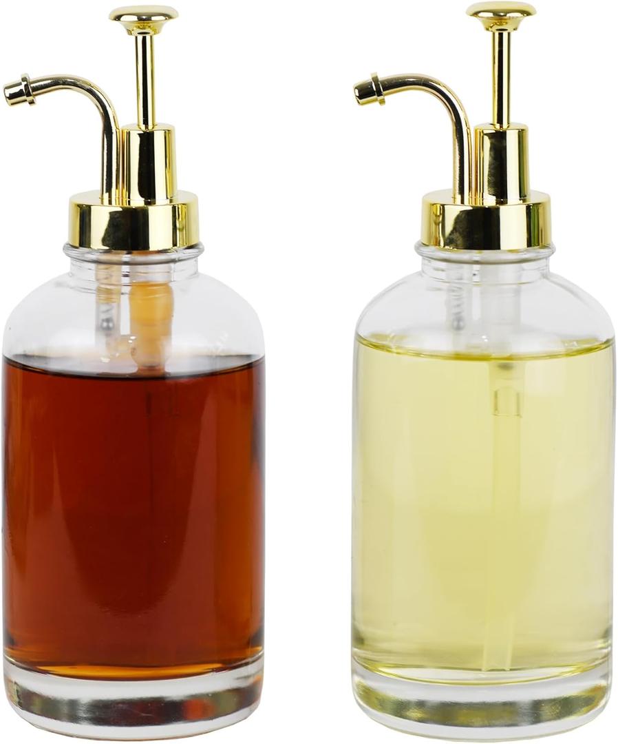 16.9 oz Syrup Dispenser with Pump, Syrup Bottle with Gold Pumps 2-PackPump Glass Syrup Bottle, Coffee Syrup Dispenser for Coffee Bars (Gold-2Pack)