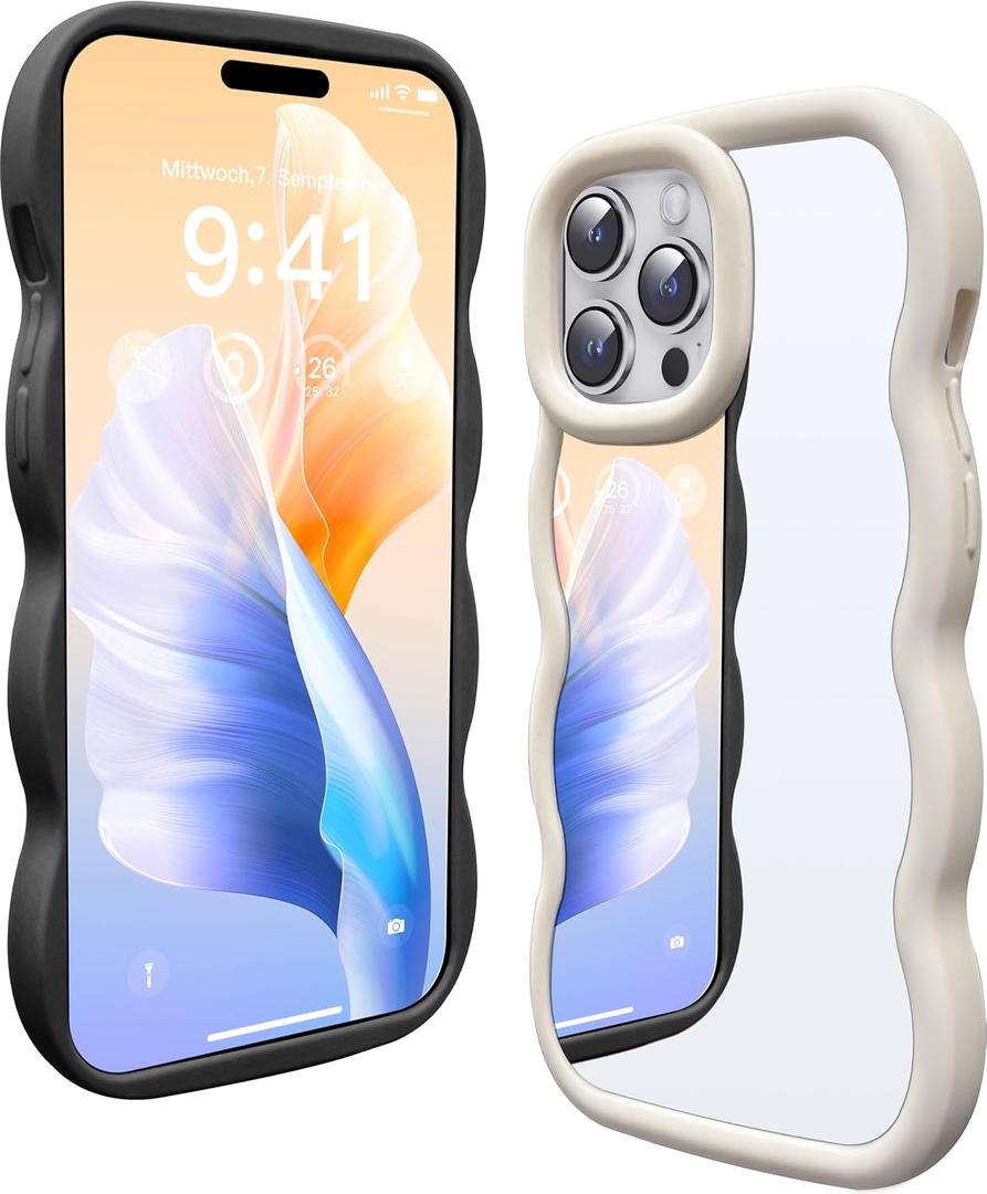 2 Pack Mirror Case for iPhone 13 Pro Max, with Curly Wave Frame Phone Cover Shockproof Protective Cover for iPhone 13 Pro Max Women Girl Makeup, Black