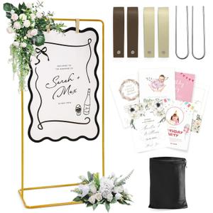 Wedding Welcome Sign Stand, Welcome to our Wedding Sign Holder, Gold Easel Stand for Sign Poster With Design Bundle & Ground Stakes & Leather Sign Hanging Straps, Linen Sign Stand for Wedding Decor