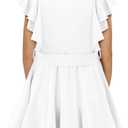 storeofbaby Girls Short Sleeve Dress V Neck Button Ruffle Hem Dresses with Belt (White, L)