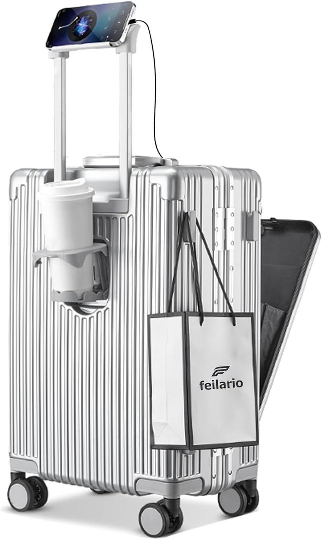 feilario Aluminum Frame PC Hard Shell Spinner Wheels Luggage,20.8"X15"X8.7 Airline Approved Built-In TSA lock Carry on Suitcase, with Cup Holder, USB Port, Phone Holder