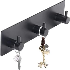 Key Holder (3 Hooks) - Sturdy Self Adhesive Stainless Steel, Matte Black, Wall Mount, Damage Free, Extra Thick, for Keys and Masks, Entryway, Hallway