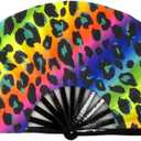 Folding Fan UV Glow Rave Bamboo Summer Hand Fan Leopard Print Decoration Dancing Party Wedding Night Club Concert Festival Large (Multicoloured-9, M)