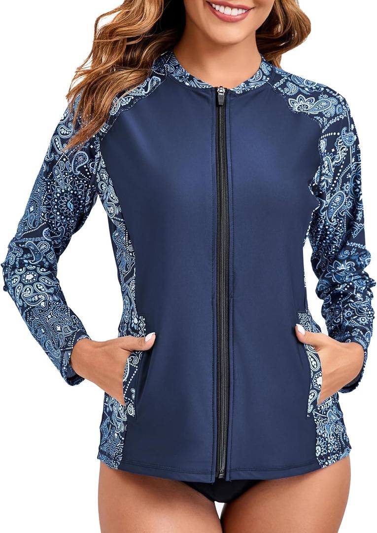 Halcurt Women's Full Zip Long Sleeve Rash Guard Swim Top with Pockets UPF50+ Quick Dry Swimsuit (M)