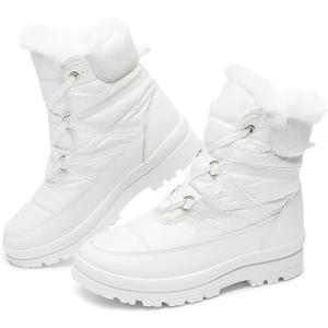 BABUDOG Womens Warm Fur Lined Mid-Calf Boots Waterproof Winter Snow Boots Non-slip Lace up Combat Boots (8, White)
