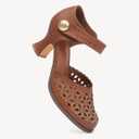 NEWBELLA Womens Mary Janes Vintage Pumps with Adjustable Ankle Strap & Embossed Cutou Design, Comfortable Flared Heels for Casual & Dressy Brown, Size 6.5