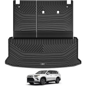 3W Cargo Liner Fit 2024 2025 2026 Toyota Grand Highlander 7 Seat with Subwoofer(Include Hybrid), Trunk Mat and Seat Back Covers TPE All Weather(Not for Hybrid MAX Model)