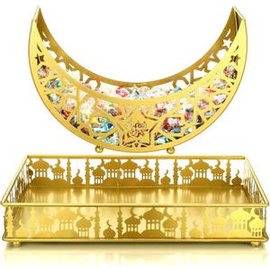 Hushee 2 Pcs Large Ramadan Plate Iron Serving Tray Plate Large Eid Mubarak Metal Serving Dishes Trays Moon Square Shape Food Dessert Tray for Home Ramadan Mubarak Party Supplies(Classic Style)