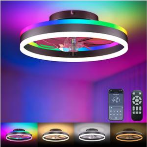 RGB Ceiling Fan with Lights, Low Profile Ceiling Fans with Lights and Remote, Flush Mount LED Fan Light, Modern Bladeless Fandelier for Bedroom Works with APP, 16IN Black