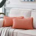 Fancy Homi Pack of 2 Coral Decorative Throw Pillow Covers 12x20 Inch with Pom-poms for Living Room Couch Bedroom, Soft Corduroy Peach Solid Lumbar Cushion Case 30x50 cm, Rustic Farmhouse Home Decor