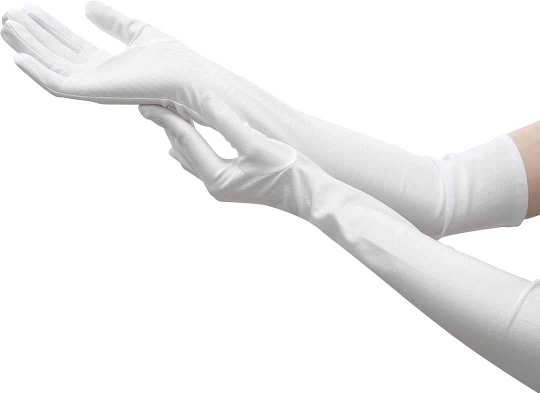 Nackiy Long Black Opera Gloves for Women, 1920s Satin Stretchy Elbow Length Party Gloves Costumes Bridal, 20inch (White)