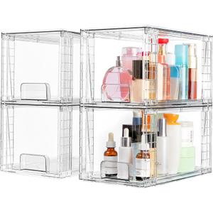 Vtopmart 4 Pack Large Stackable Storage Drawers,Easily Assemble Acrylic Bathroom Closet Undersink Organizers and Storage,Plastic Bins for Kitchen Cabinets,Pantry,Makeup,Medicine Organization