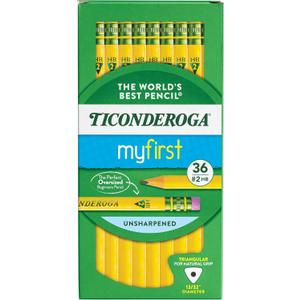 Ticonderoga My First Tri-Write Wood-Cased Pencils, Unsharpened, 2 HB Soft, With Erasers, Yellow, 36 Count