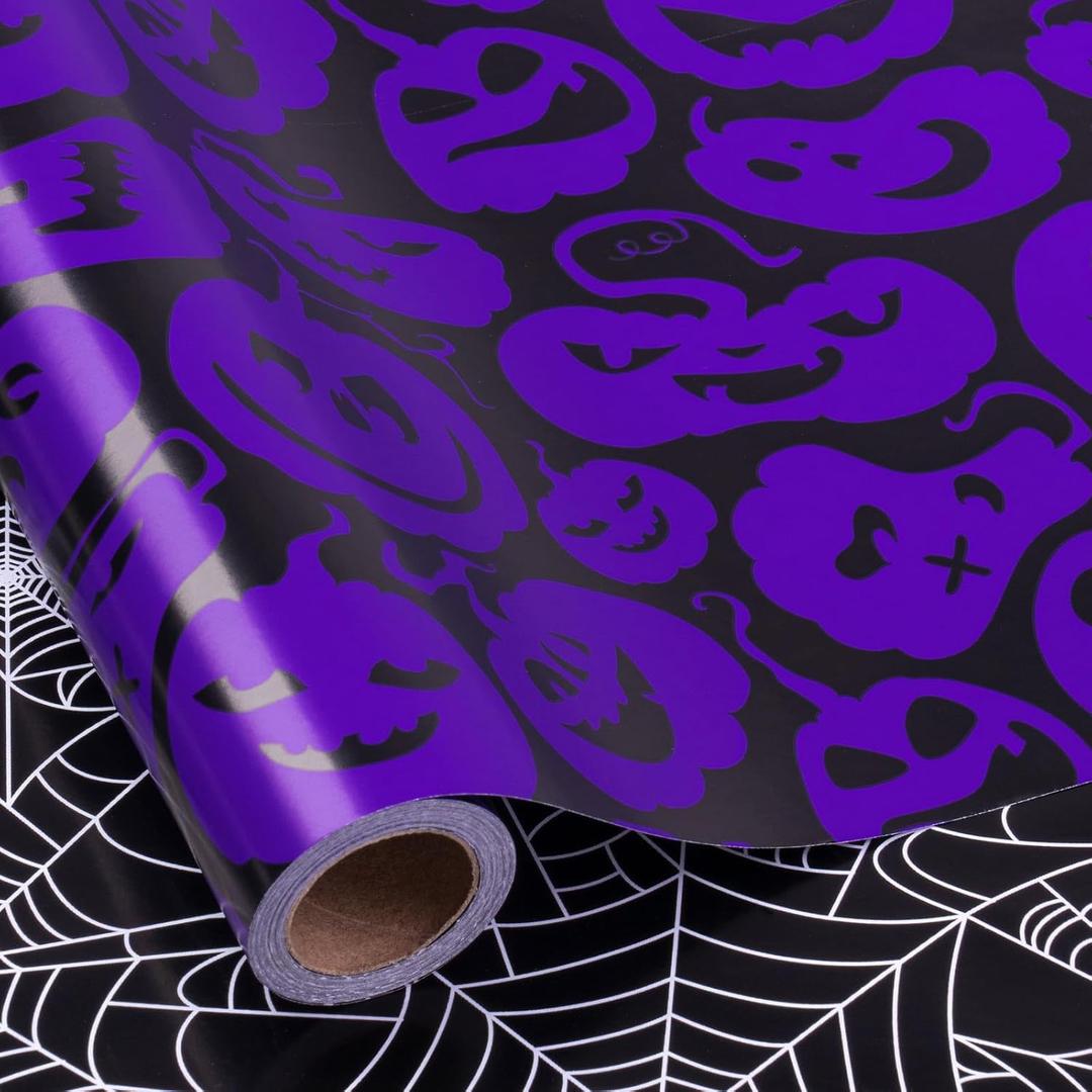 RUSPEPA Reversible Halloween Wrapping Paper, Mini Roll, Black Spider Web and Purple Ghost Design Gift Wrap Paper for Halloween Party, Trick or Treat, Birthday, Holiday Presents, 17 Inches X 32.8 Feet