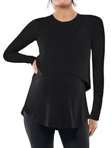 Women's Maternity Nursing Tops Casual Long Sleeve Double Layer Breastfeeding Shirts Pregnancy Clothes Black, Small
