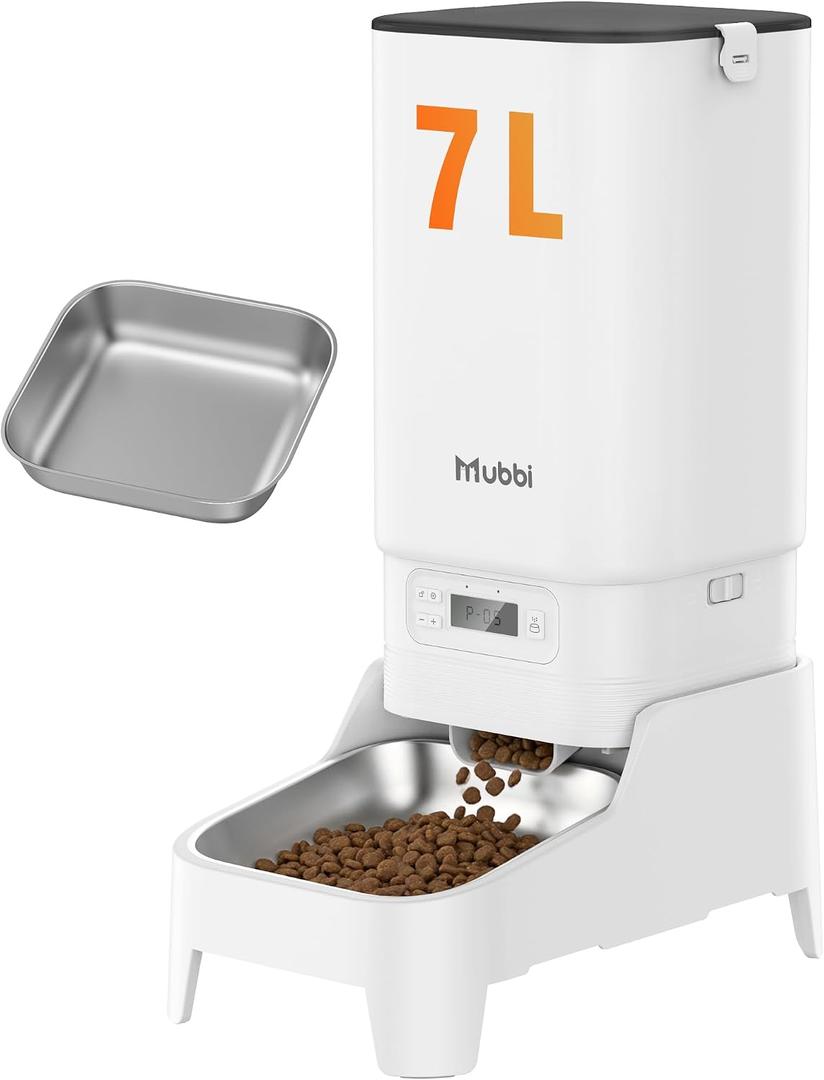 Automatic Dog Feeder with Elevated Stand - 7L Cat Food Dispenser with Large Food Tray, Timed Auto Cat Feeder for Dry Food, 6 Meals Per Day, No-Jam, Freshness Design, Detachable for Easy Clean
