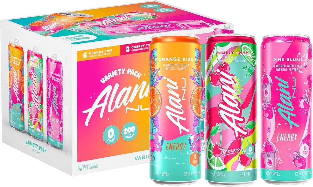 Alani Nu VARIETY PACK CHERRY TWIST, PINK SLUSH, ORANGE KISS Sugar Free, Low Calorie Energy Drinks, 200mg Caffeine, Biotin B Vitamins, Zero Sugar, 10 Calories, 12 Fl Oz Cans, 12 Pack, BBD: 09/27