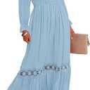 ZESICA Women's 2025 Boho Long Sleeve Square Neck Smocked High Waist Flowy A Line Lace Trim Maxi Dress Light Blue XL