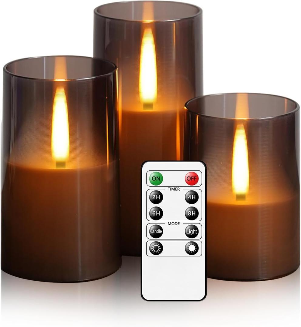Flameless LED Candles, Upgraded Realistic Flickering Pillar Battery Operated Candles with Remote Timer, Acrylic Electric Set of 3 for Romantic Ambiance and Home DecorationGrey
