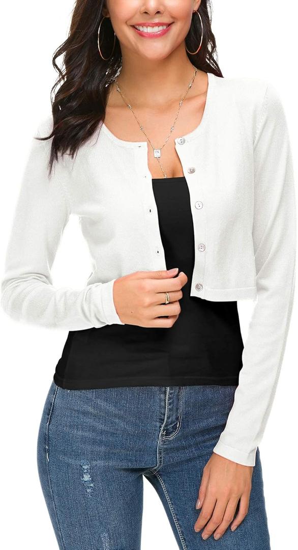 Women's Cropped Knit Cardigan Sweater Long Sleeve Button Down Open Front Bolero Shrug for Spring and Fall (White) S