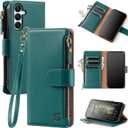 Shieldtop Compatible with Samsung Galaxy A15 5G Wallet Case with Card Holder,PU Leather Phone Case Flip Protective Cover Wrist Strap Zipper Pocket Credit Card Slots RFID Blocking Women Men,Blue Green