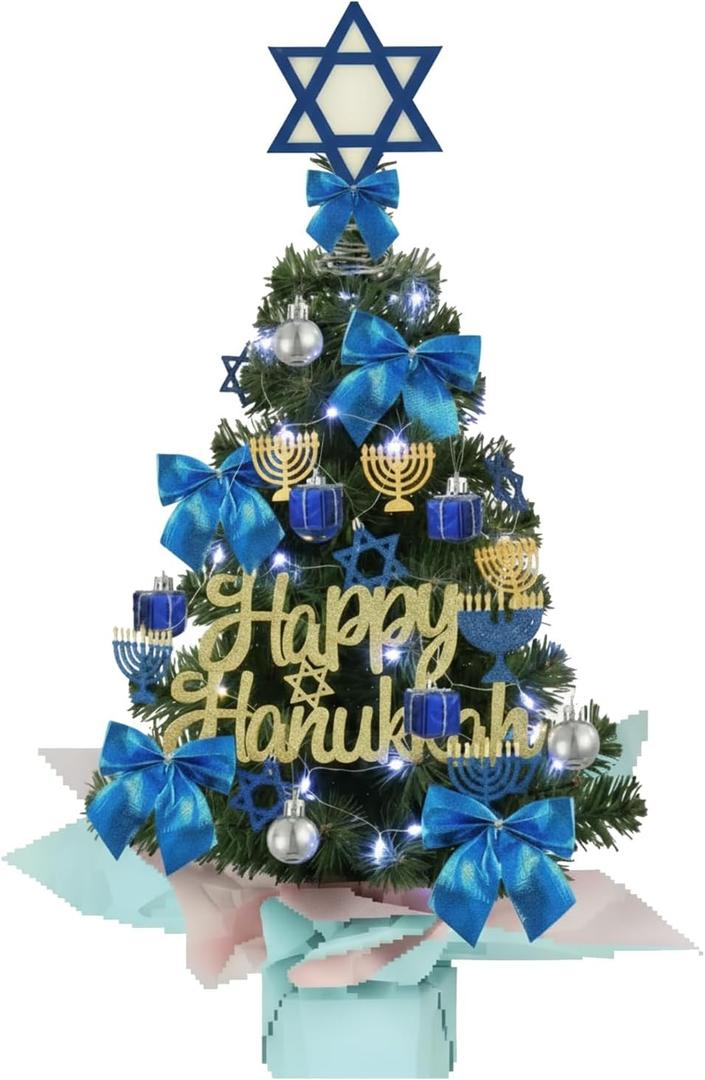 Suncalla 43 Pcs 24 Inch Hanukkah Decor Tabletop Mini Hanukkah Tree with Lights Star of David Tree Top Ornament Jewish Menorah Dreidel Star Table Ornaments for Xmas Indoor DIY Craft Kit(Classic Style)