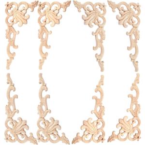 Wood Carved Onlays, 20x10cm/7.87"x3.94", Left&Right Decorated Furniture Appliques, Wooden Carving Corner Decals for Cabinet Drawer Cupboard Dresser Mirror Door Wall Bed DIY Projects (4-Pair(8Pcs))