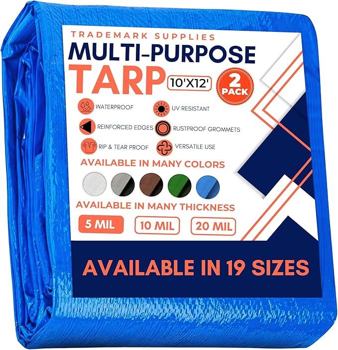 Tarp Cover Blue, 2-Pack Heavy Duty Waterproof, Great for Tarpaulin Canopy Tent, Boat, RV Or Pool Cover!!! (10X12, Heavy Duty)