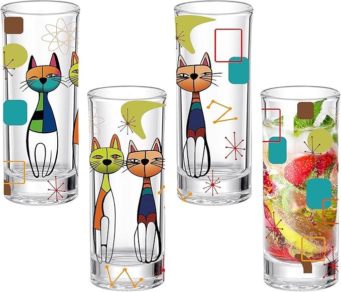 Patelai 4 Pcs Retro Cat Glass Cups Black Cool Cat Drinking Glasses for Iced Coffee Cocktail Juice Atomic Gifts Mid-century Modern Kitchen Decor