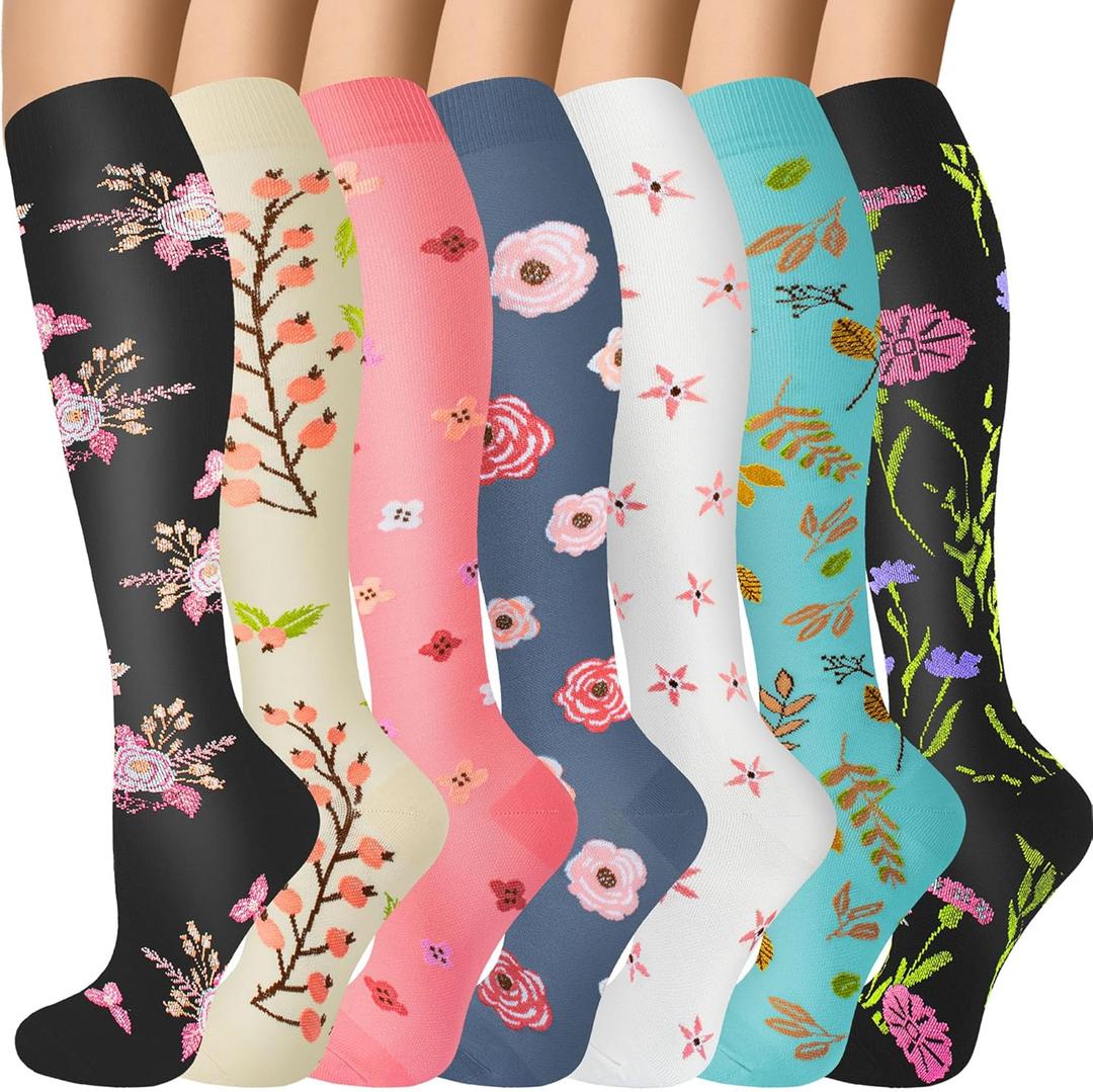Compression Socks for Women & Men 7 Pairs Knee High Compression Socks 20-30 mmhg Best for Running,Nurse,Travel (XL)