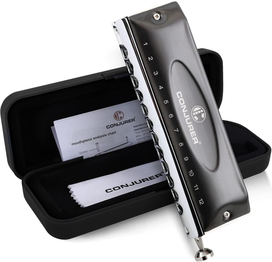 CONJURER Chromatic Harmonica Valveless for Kids Adult Beginners 12 Hole Harmonica Key of C Stainless Steel Mouth Organ with Brass Reed in Case, C Key Black (12-Hole Chromatic)