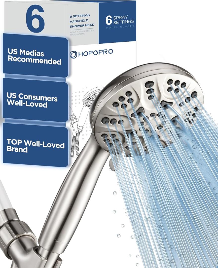 6-Mode High Pressure Handheld Shower Head Set, Consumer Reports Recommended HOPOPRO High Flow Hand Held Showerhead with 59 Inch Hose Bracket Teflon Tape Rubber Washers (Brushed Nickel)