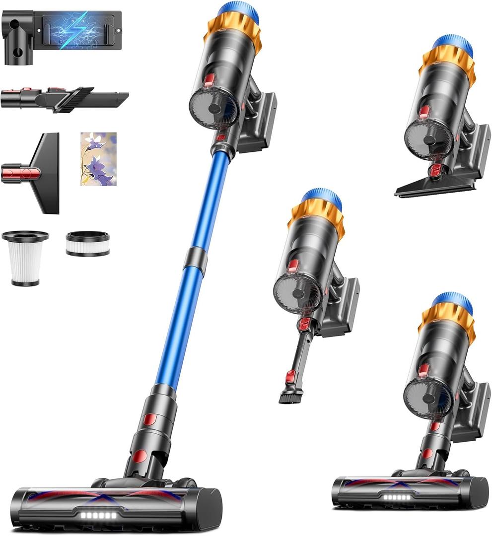Cordless Vacuum Cleaner, 600W 50KPA 70Mins Vacuum Cleaners for Home, Self-standing Stick Vacuum with Aromatherapy, Anti-Tangle Brush, Wall Mount Charging Vacuum for Hardwood Floor/Carpet/Pet Hair (Blue)