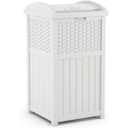 Suncast 33 Gallon Durable Plastic Hideaway Outdoor Garbage Can Trash Bin with Lid and Wicker Design for Backyard, Deck, or Patio, White