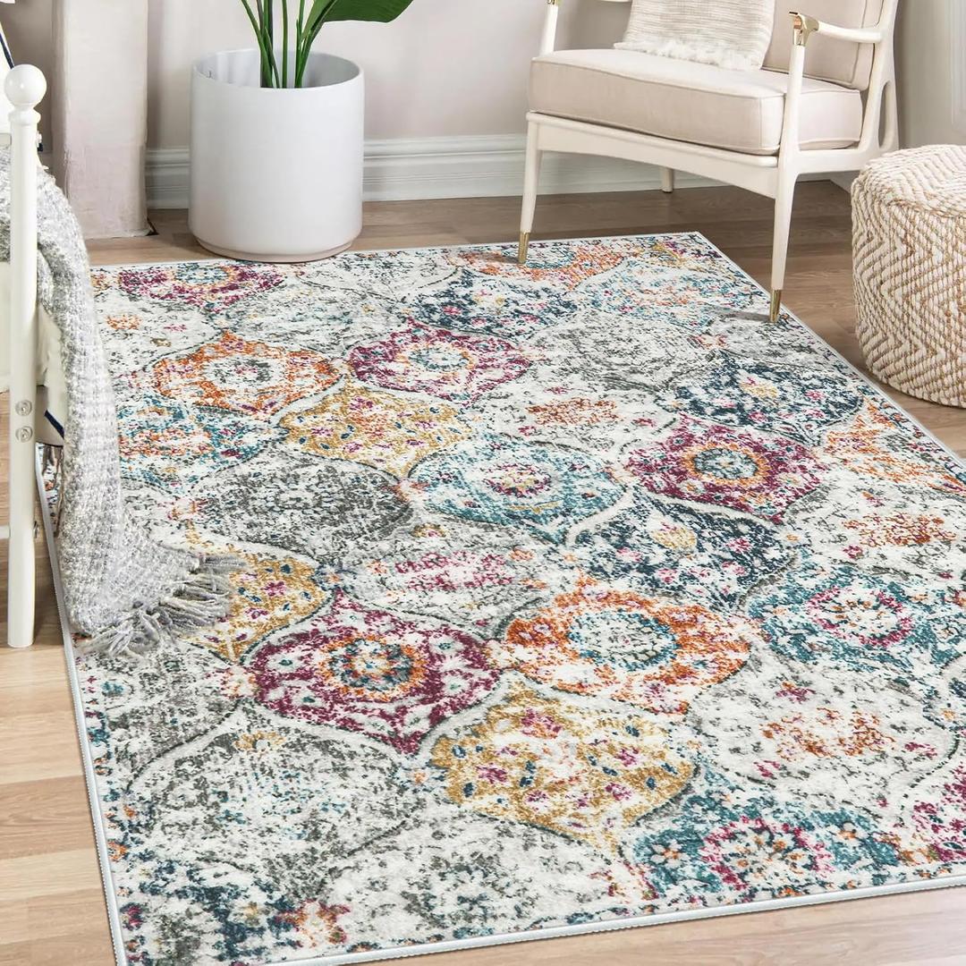 Lahome Moroccan Trellis Washable Small Area Rug, 3x5 Black Rug for Bedroom Living Room, Non-Slip Oriental Accent Throw Carpet for Kitchen Office Entryway Bathroom Office, Aqua/Multi