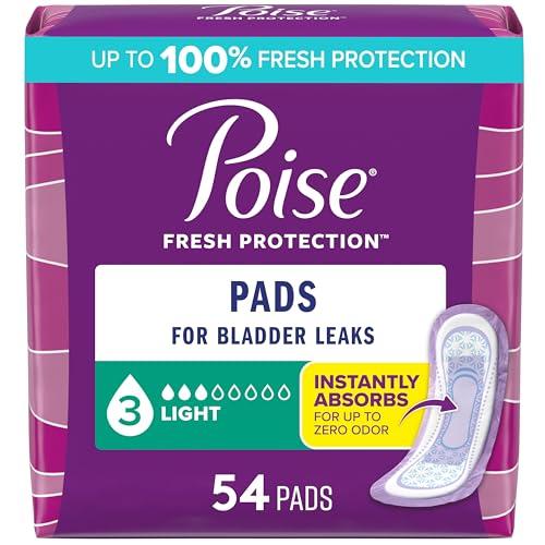 Poise Incontinence & Postpartum Pads for Bladder Leaks, 3 Drop Light Absorbency, Regular Length, 54 Count