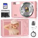 Digital Camera, FHD 4K 44MP Digital Camera for Photography, 16X Digital Zoom, Digital Point and Shoot Camera with 3-LED Fill Lights, 64GB SD Card, Compact Camera for Kids Teen Boys Girls, Pink