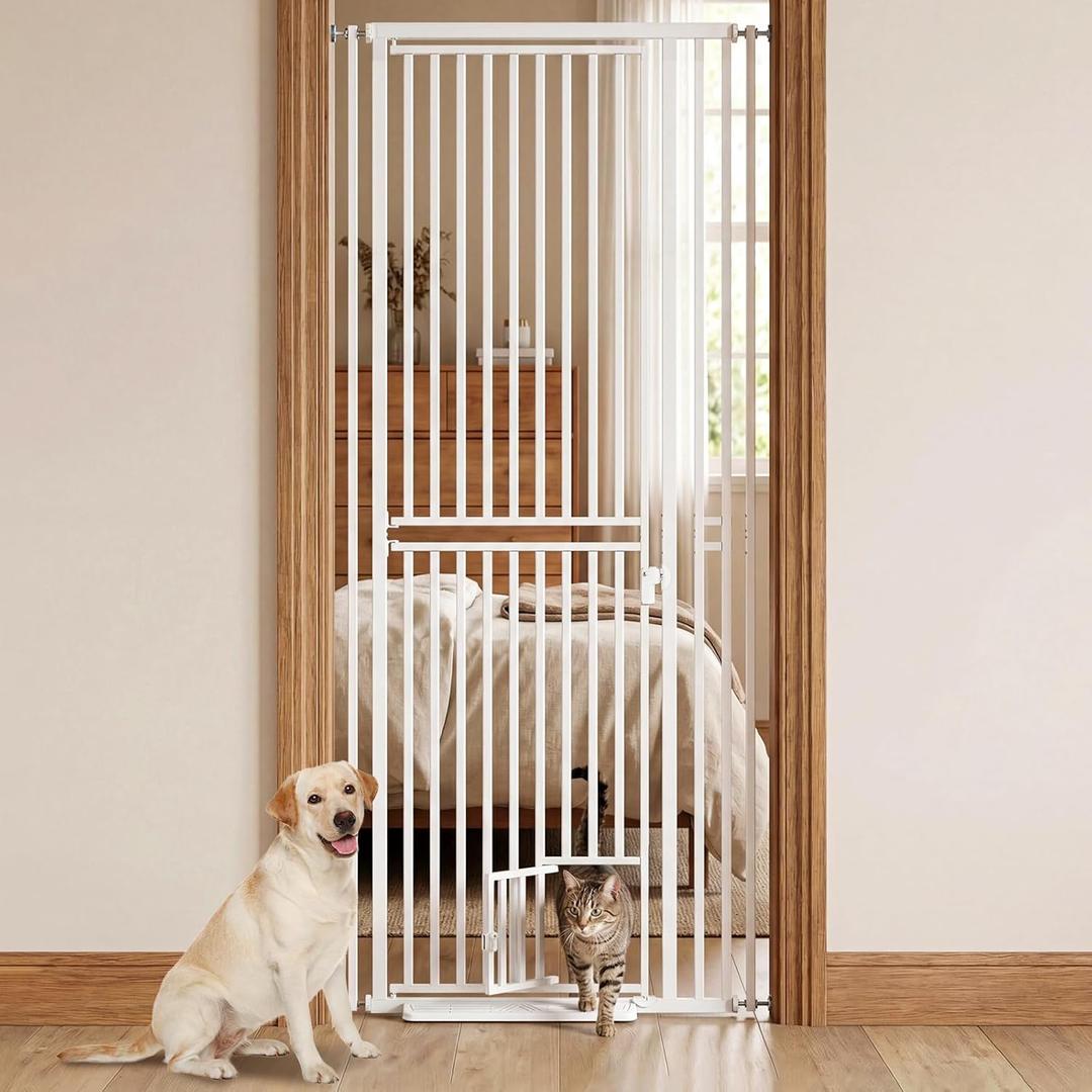 78.7" Extra Tall Cat Gate for Doorway, 27"-37" Extra Wide Pet Gate with Cat Door, Pressure Mounted Dog Gate with Auto Locking, for Stairs/Kitchen/Hallways, No Drilling