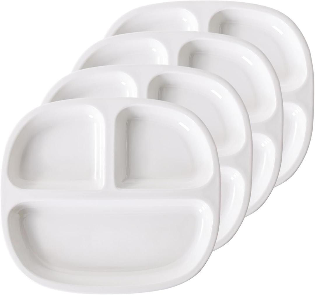 8.58" Square Ceramic Divided Plates - 4 Pack, Portion Control Plate for Rational Eating, White Dinner Plates, 3 Compartment Dinner Diet Plates for Kids Adults, Microwave, Dishwasher Safe