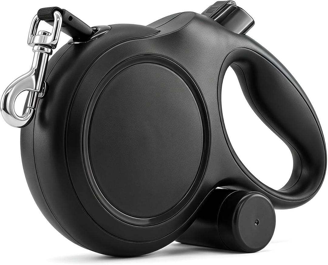 26ft Retractable Dog Leash for Large Dogs up to 110 lbs, with Waste Bag Dispenser, 8m Durable Strong Nylon Tape, 360 Tangle-Free, One-Handed Brake&Lock, Anti-Slip ABS Handle (26FT-Black)