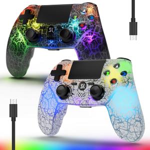 2 Pack Wireless Controller for PS4, LED Backlit Controllers for PS4/Pro/Slim, 1000mAh Battery, Double Shock 6-Axis Motion Sensor, Adjustable RGB Backlight, White+Black