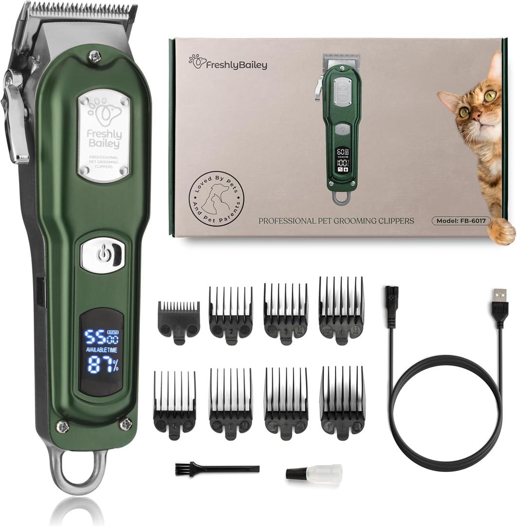 Freshly Bailey Cat Clippers for Matted Hair - Matted Cat Fur Remover - Low Noise Grooming Trimmer & Shaver | Pet Clippers for Long Hair Cats | Professional Pet Shaver with Detachable Guards