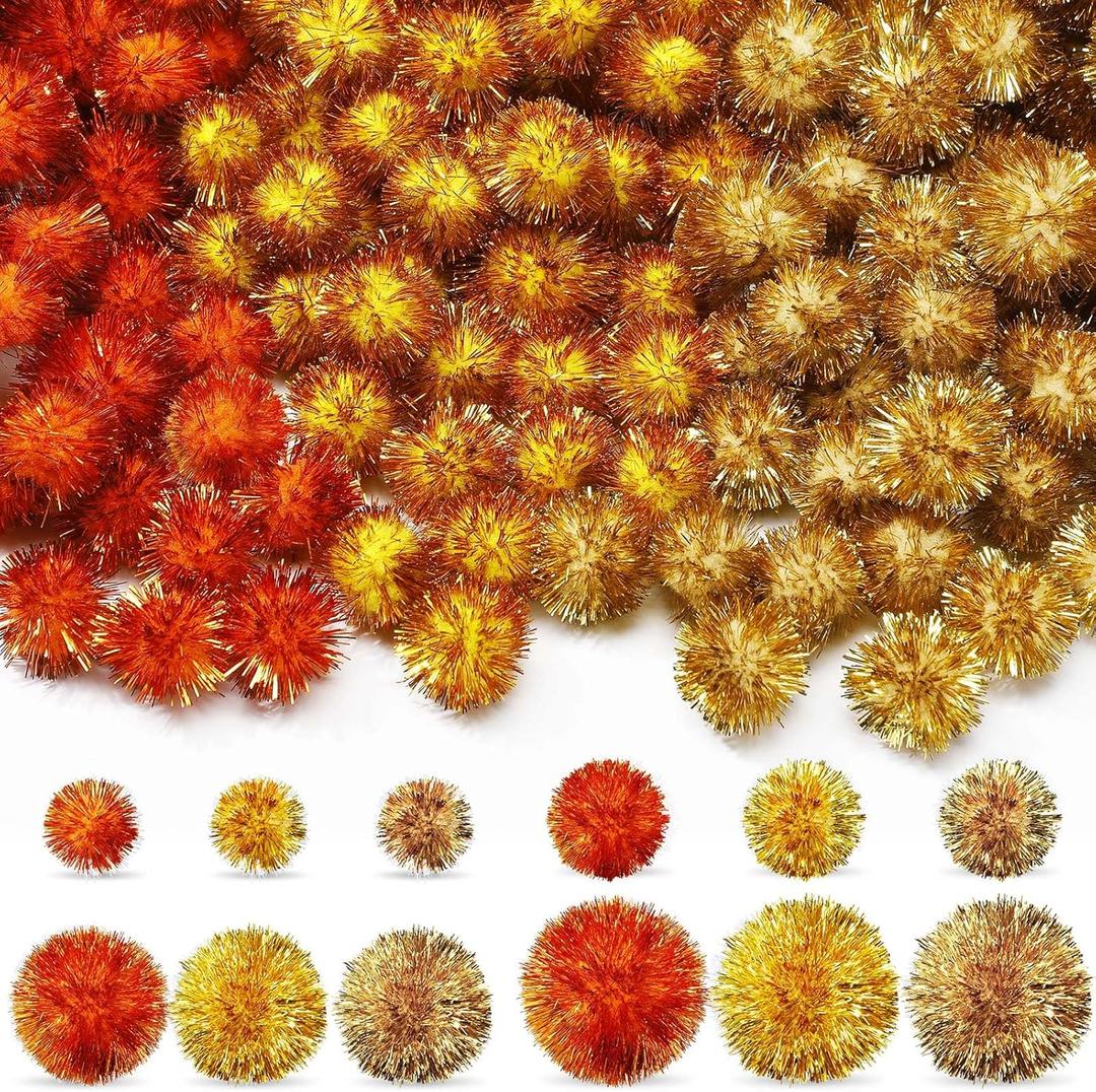 Knitgrip 150 Pcs Large Glitter Tinsel Pom Poms 2.5" 2" 1.4" 1" Christmas Pompom Balls Jumbo Glitter Balls for DIY Craft Making Christmas Decorations(Gold, Orange, Yellow)