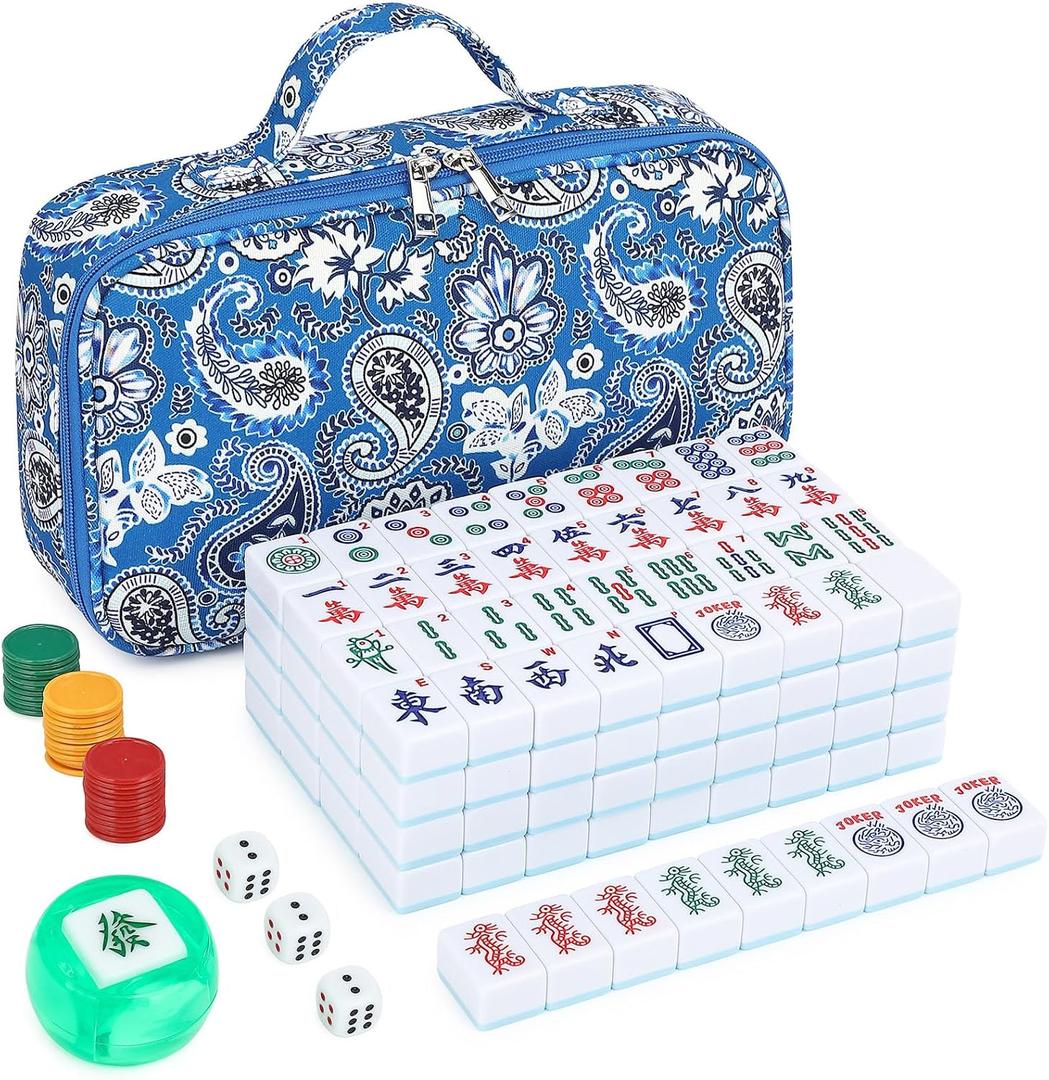 Suncle American Mahjong Tile Set X-Large 166 Blue Back Tiles 1.4" Large Size Tile with Carrying Travel Case, English Manual, Pro Complete Mahjongg Game Set