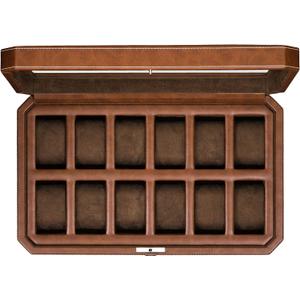ROTHWELL 12 Slot Leather Watch Box - Luxury Watch Case Display Organizer, Microsuede Liner, Locking Men's Jewelry Watches Holder, Men's Storage Boxes Holder Large Glass Top (Tan/Brown)