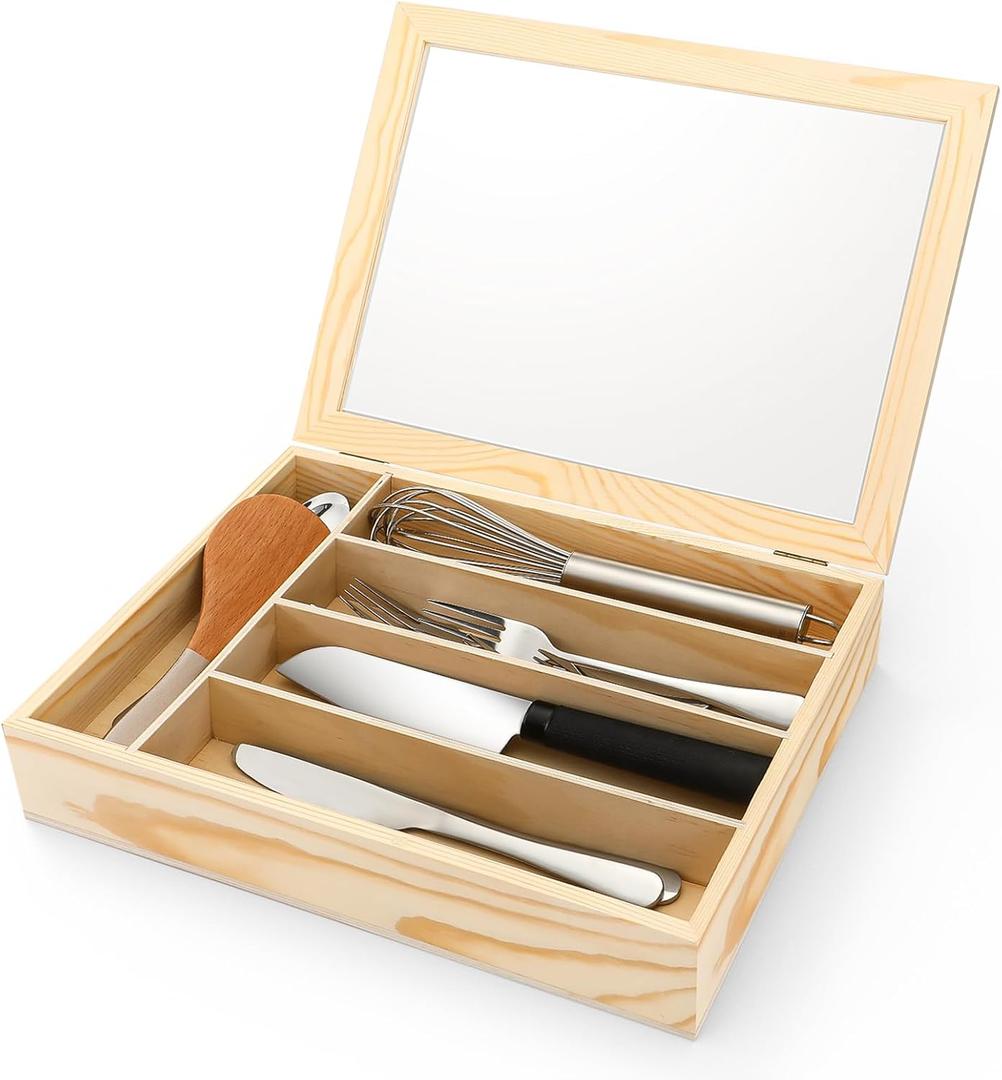 Baderke Silverware Storage Box with Lid Kitchen Drawer Organizer Utensil Organizer with Lid 5 Slots Wooden Silverware Storage Case Silverware Container Tray for Kitchen Cutlery Countertop