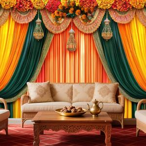 10x8ft India Pooja Photography Backdrop, Puja Ganpati Pooja Traditional Mehndi Festival Yellow Curtain Background for Diwali Decorations, Wedding Party Marigold Garlands Photo Props (Orange)